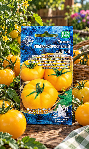 Томат УЛЬТРАСКОРОСПЕЛЫЙ ЖЁЛТЫЙ &mdash; Пригоден к безрассадному возделыванию! Плоды яркие, сочные, без лишней кислоты! Хорош на салаты и для переработки на сок!