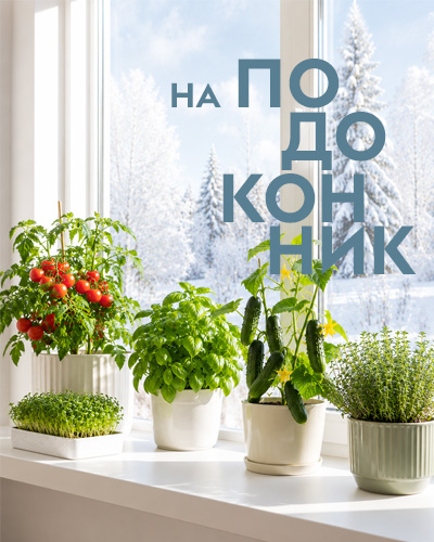 Зелень, овощи и цветы, которым не нужна дача: балконные томаты и перцы, базилик и мята, микрозелень на срез через две недели. Рядом — всё, чем это выращивают дома: фитолампы и таймеры, торфяные и кокосовые таблетки, кассеты, гидрогель, удобрения для комнатных растений и орхидей, защита от тли и почвенных мушек.